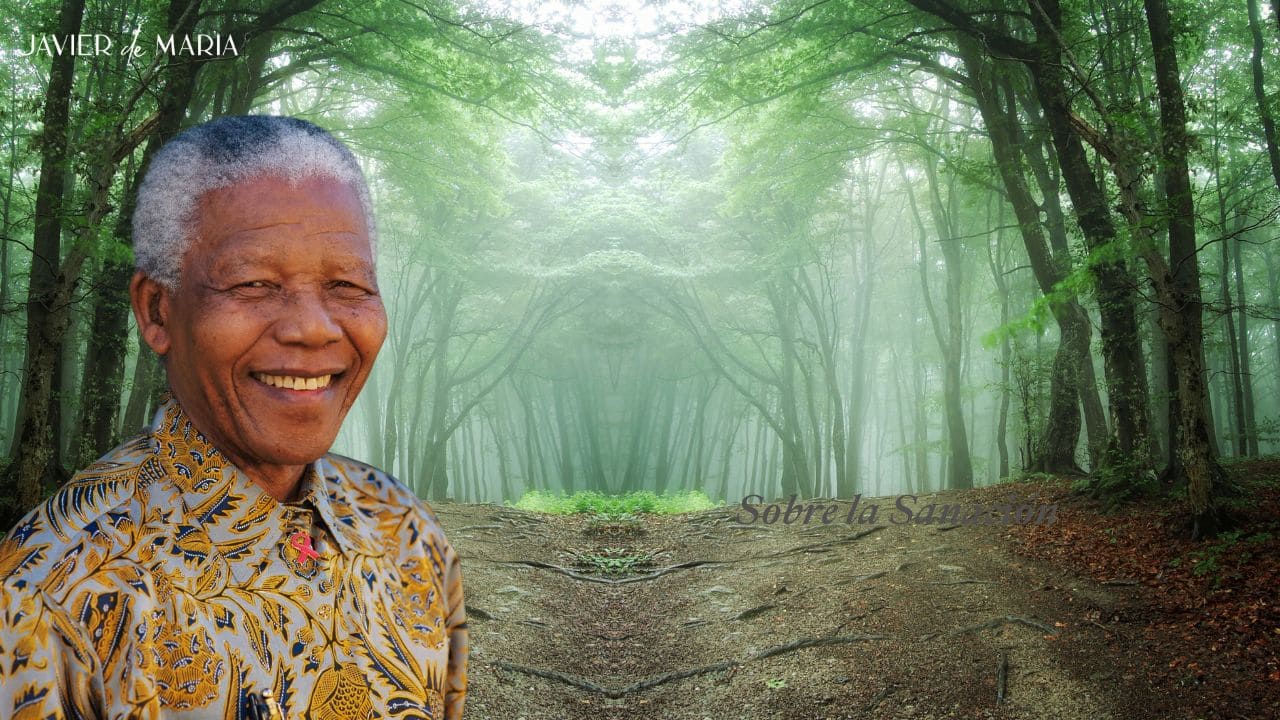 Retrato de Nelson Mandela con mensaje sobre sanación, compasión y transformación personal.